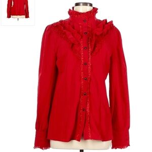 NWT Choies Red Frilly Victorian Button Shirt Women's Medium M High Coĺlar New